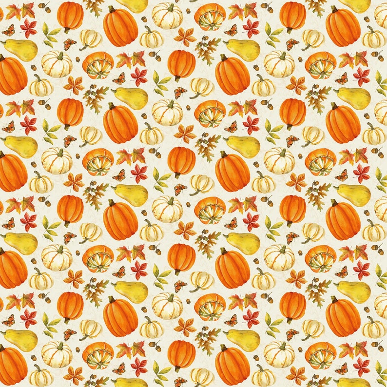 Tossed Pumpkins and Leaves Cotton Fabric 738-36 Turkey Talk Henry Glass ...