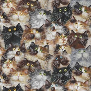 May include: A repeating pattern of cat faces in various colors, including black, brown, gray, and orange. The cats have different eye colors, such as yellow, green, and blue. The image is a close-up, showing the cats' fur and whiskers.