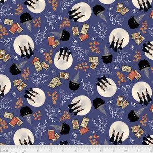 May include: A repeating pattern on a blue background features full moons, witches flying on brooms, tarot cards, cauldrons, and stylized eyes. The design includes orange, white, black, and gray elements, creating a whimsical, Halloween-themed aesthetic.