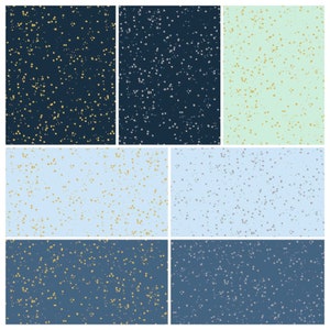 May include: Nine different seamless patterns with a speckled background. The patterns feature a variety of colors, including blue, green, and light blue. The speckles are gold, gray, and white.