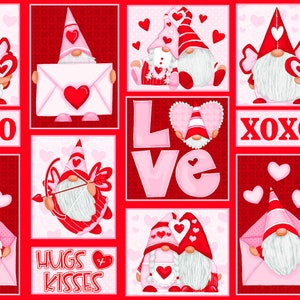 May include: A red and pink patterned fabric with gnomes in various Valentine's Day themed poses. The fabric features the words "LOVE", "HUGS & KISSES", and "XOXO".