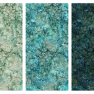 May include: Three abstract patterns with a green, blue, and teal color scheme. The patterns are made up of small, round shapes that resemble bubbles.