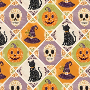 May include: A repeating pattern featuring Halloween-themed illustrations. The design includes orange jack-o'-lanterns, black cats, sugar skulls, and witch hats. The background is a patchwork of orange, green, and purple squares with decorative floral elements.