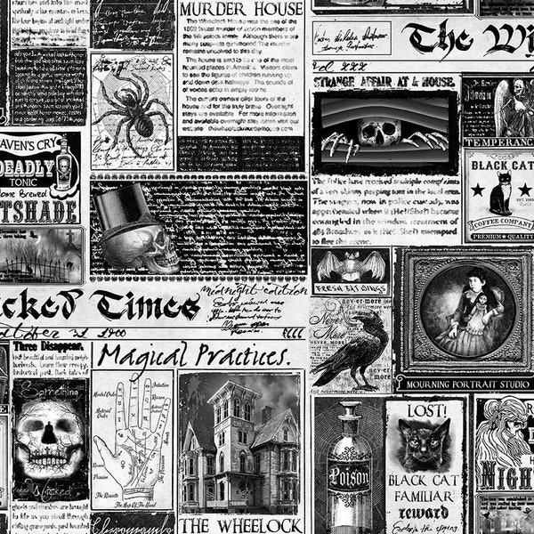 Wicked Time Newspaper Halloween Cotton Fabric CD1825 Timeless Treasures Haunted Witchy Goth FQ Fat quarter Eighth by Yard BTY Gothic Precuts