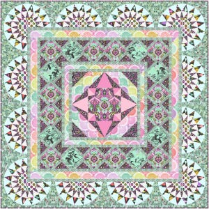 May include: A square quilt featuring a central pink star surrounded by concentric borders of patterned fabric in shades of mint green, dark purple, and soft pink. The outer edge is decorated with twelve circular fan-shaped motifs.