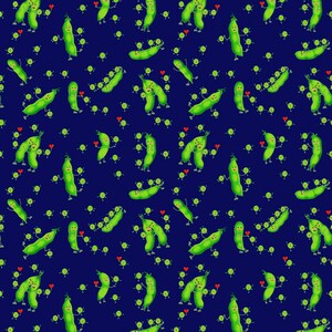 May include: A seamless pattern featuring green pea pods with cartoon faces and arms on a dark blue background. The peas are holding hands and hearts, creating a playful and whimsical design.