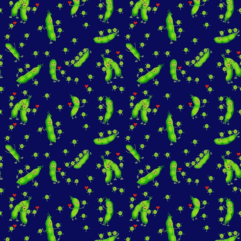 May include: A seamless pattern featuring green pea pods with cartoon faces and arms on a dark blue background. The peas are holding hands and hearts, creating a playful and whimsical design.