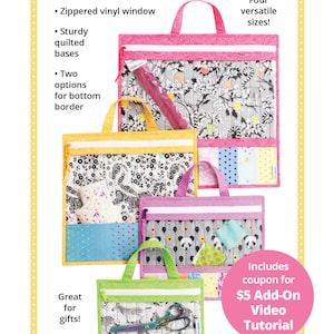 May include: Project Bags 2.0 in various sizes, featuring zippered vinyl windows and sturdy quilted bases. The bags come in pink, yellow, purple, and green, with diverse patterns and designs. The image includes the text "Great for gifts!" and "Organize it all in these handy bags."