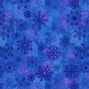 May include: A fabric pattern featuring a repeating design of snowflakes in varying shades of blue and purple against a textured blue background. The snowflakes are detailed with intricate designs, creating a wintery theme.