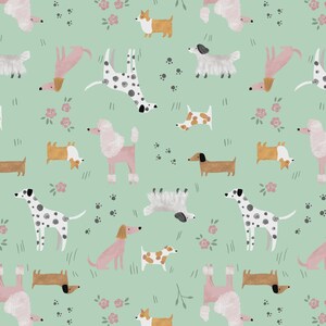 May include: A repeating pattern of various dog breeds in different poses, including Dalmatians, Poodles, and Dachshunds. The dogs are in shades of brown, white, and pink, set against a light green background with floral and paw print accents.