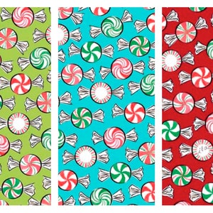 May include: Three different patterned wrapping paper designs featuring candy canes with red and green stripes. The paper is green, blue, and red.