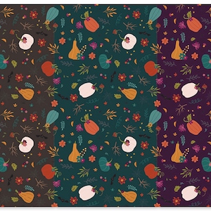 May include: A seamless pattern featuring a variety of fall-themed elements, including pumpkins, gourds, leaves, and flowers. The pattern is available in three color variations: brown, teal, and purple.