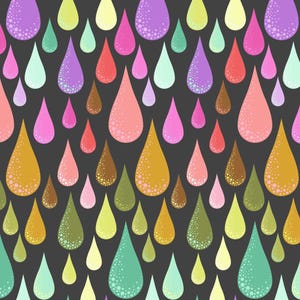 May include: A repeating pattern on a dark gray background featuring stylized teardrop shapes in various colors including purple, lime green, pink, coral, brown, mustard yellow, and teal. Each teardrop contains a dotted texture at the base.
