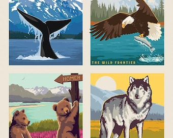 May include: Four vintage-style Alaska travel posters. One shows a whale tail breaching the water, another an eagle catching a fish, a third bears near a sign for Homer, and the last a wolf in a field.