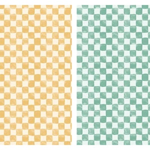 May include: Two seamless patterns with a checkered design. The first pattern is a light yellow and white checkered pattern. The second pattern is a light green and white checkered pattern.