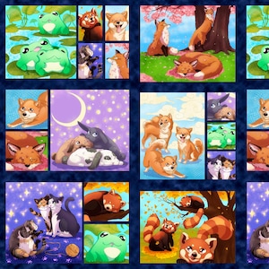 24" Anime Panel Cotton Fabric, Anime Friends 30420X QT Fabrics Mar Auslander Wall Decor Kawaii Shiba Inu Dog Cat Red Panda Fox Manga Cartoon