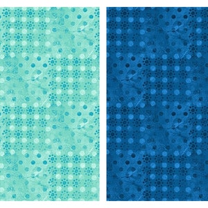 May include: Two abstract digital art prints. One is a light teal color with a pattern of white and teal circles and floral shapes. The other is a dark blue color with a pattern of dark blue circles and floral shapes.