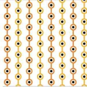 May include: A repeating pattern of vertical lines with alternating orange and yellow circles connected by lines, each with a black dot in the center, set against a white background. The design is symmetrical and geometric.