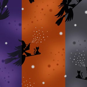 May include: A seamless pattern featuring three witches flying on broomsticks with their black cats. The witches are silhouetted against a background of purple, orange, and gray with white stars.