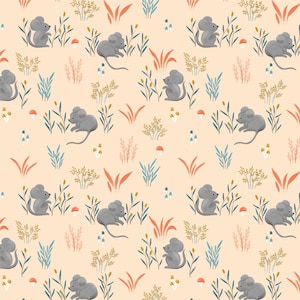 May include: A seamless pattern featuring gray mice in a whimsical forest setting. The mice are surrounded by various shades of green, blue, and orange foliage, creating a vibrant and playful design.