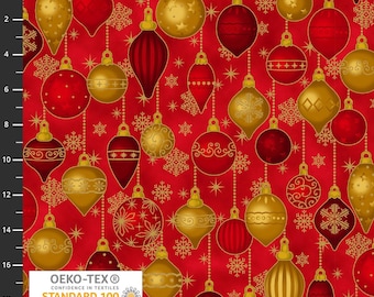 May include: A red fabric featuring a repeating pattern of hanging Christmas ornaments in gold and dark red, accented with gold snowflakes and stars. A white rectangular label with black text reads OEKO-TEX STANDARD 100 N-KEN 08030 Nissenken.