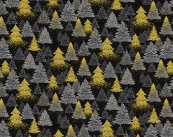 May include: A repeating pattern of stylized Christmas trees in shades of gray and gold on a black background. The trees are rendered with a speckled texture, creating a textured, festive design.