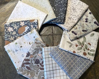 11 pc Grassland Fat Quarter Bundle, Figo Bernadette Urbanovics, FQ Precuts Neutral Nursery Baby Shower Gift Hedgehog Mushroom Dark Academia