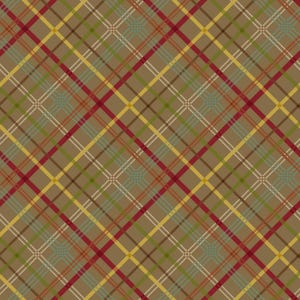May include: A repeating pattern of intersecting lines in a plaid design. The pattern features a tan background with red, yellow, green, and blue lines. The lines intersect to create a grid-like pattern.