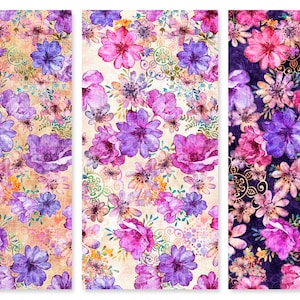 May include: Three seamless patterns featuring a watercolor floral design with pink, purple, and blue flowers on a beige, cream, and dark purple background.