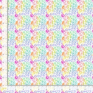 May include: A seamless pattern featuring a white background with a repeating pattern of abstract shapes in shades of pink, blue, green, and yellow.