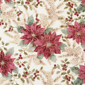 May include: A fabric pattern featuring deep red poinsettia flowers with gold-toned outlines, interspersed with green holly leaves, clusters of small red berries, and light beige pine branches and pinecones on an off-white background.