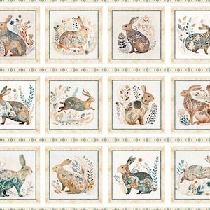 May include: A fabric panel featuring twelve square illustrations of rabbits in various poses, surrounded by floral and botanical elements. The rabbits are depicted in shades of brown, blue, and green, with intricate patterns. The panel has a cream-colored background with decorative borders.
