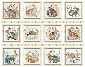 Rabbit Picture Patches Cotton Fabric, 30078-E Cotton Tails Dan Morris QT Fabrics, One Yard Panel, Easy Wall Decor Bunny Baby Nursery Easter