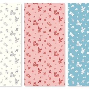 May include: Three seamless patterns featuring small white flowers with green leaves on different colored backgrounds: white, pink, and blue.