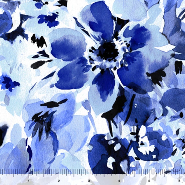 Watercolor Floral Double Brushed Poly Jersey 29867-B Blossoms of Blue QT Fabrics 2 Way stretch knit BTY By the Yard Modern Boho Bohemian