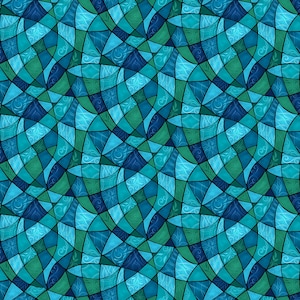 May include: Abstract mosaic pattern in shades of teal, turquoise, and deep blue. The design features a repeating pattern of curved, irregular shapes, each with a unique texture and decorative elements. The overall effect is a vibrant, textured surface.