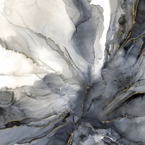 May include: Abstract art print featuring swirling gray and white paint with gold accents. The design resembles a flower or a galaxy.