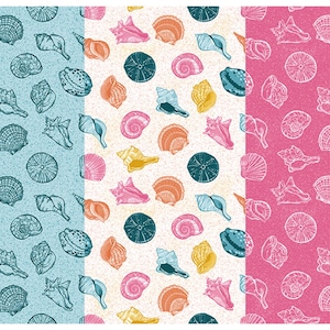 May include: Three panels of patterned backgrounds featuring various seashells in different colors. The first panel is light blue with teal and black seashells. The second panel is off-white with pink, orange, yellow, and teal seashells. The third panel is pink with white seashells.