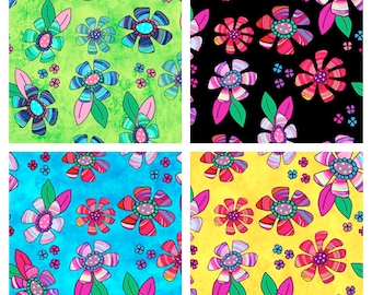 Flower Toss Cotton Fabric, 29960 Here Kitty Kitty Desiree's Designs QT Fabrics FQ Fat Quarter Eighth BTY by Yard Modern Bright floral decor