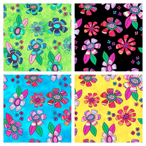 Flower Toss Cotton Fabric, 29960 Here Kitty Kitty Desiree's Designs QT Fabrics FQ Fat Quarter Eighth BTY by Yard Modern Bright floral decor