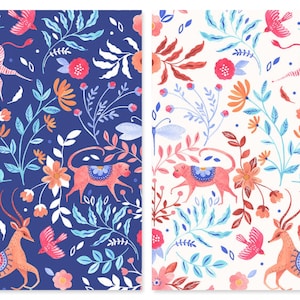 May include: A seamless pattern featuring a whimsical jungle scene with a zebra, deer, monkey, and birds. The pattern is set against a blue background with white, pink, and orange floral accents.