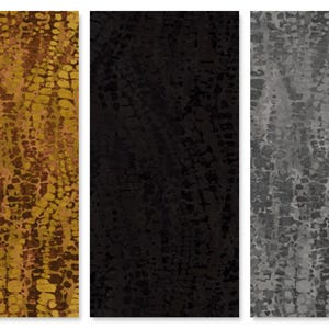 May include: Three vertical panels with a textured, abstract pattern. The left panel is a brown and gold color, the middle panel is black, and the right panel is gray.