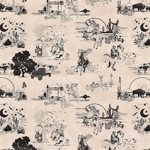 Western Toile Cotton Fabric, 3581-30 Western Baby Boho, Blank Quilting Fat Quarter FQ Eighth BTY By Yard Horse Cowboy Nursery Shower Precuts