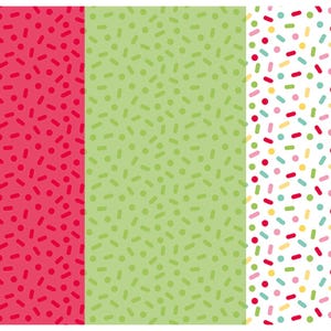 May include: Three vertical panels with repeating patterns. The left panel is red with small red dashes. The center panel is light green with small green dashes. The right panel is white with colorful dashes and dots.
