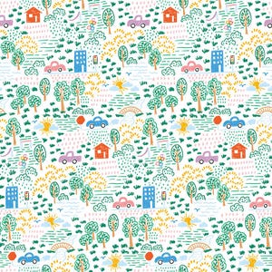 May include: A colorful, hand-drawn illustration of a town with houses, trees, cars, and traffic lights. The illustration is done in a childlike style with bright colors and simple shapes.