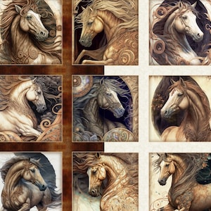 May include: A fabric panel featuring nine artistic renderings of horses. Each horse portrait is framed and showcases detailed manes and coats in shades of brown, beige, and gray. The panel has a decorative border with a repeating pattern.