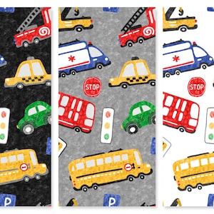 May include: Three panels with repeating patterns of colorful cartoon vehicles. The designs include fire trucks, ambulances, taxis, buses, and cars, along with traffic signals and stop signs. The backgrounds are black, gray, and white.
