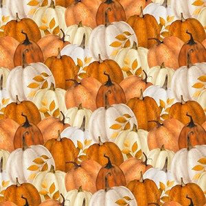 May include: A repeating pattern of pumpkins in shades of orange, white, and cream. The pumpkins are decorated with autumn leaves. The pumpkins are of varying sizes and are arranged closely together, creating a dense, textured design.