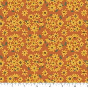 May include: A seamless pattern featuring yellow daisies with brown centers on a burnt orange background. The daisies are of varying sizes and are scattered randomly across the surface.