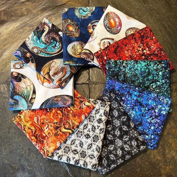 10 pc Dragon Fyre Fat Quarter Bundle with Optional 36'' Panels Complete Collection Dan Morris QT Fabrics precuts RPG Dungeon Master Decor DM